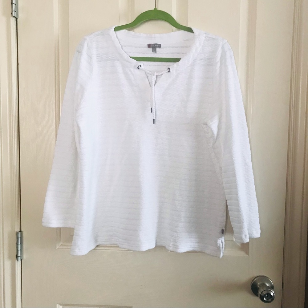 Talbots Cotton Tassel Tie Split-neck Knit Pullover White Size Large